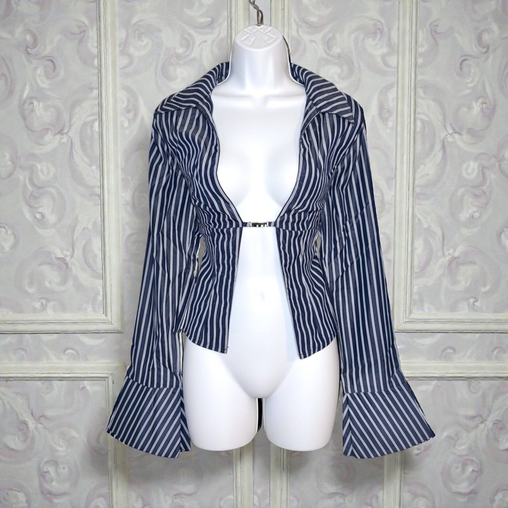 New Medium Striped‎ Long Sleeve Top Shirt Flare Y2k 90's Sexy Open Front